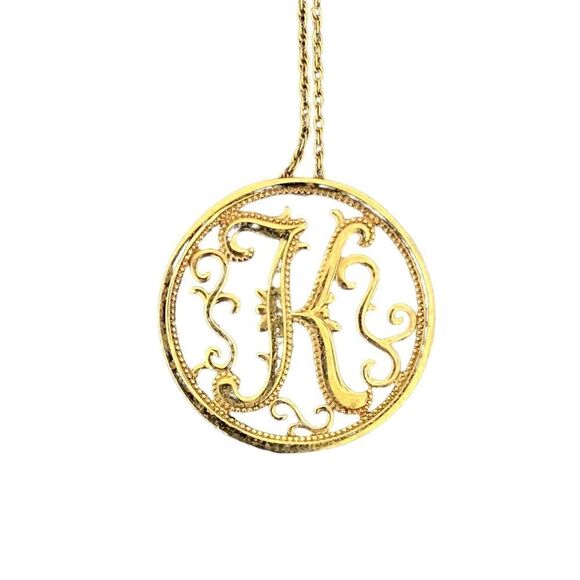 Monogram K Script Initial Circle Pendant Necklace Gold Tone Costume Jewelry OS - Picture 1 of 3